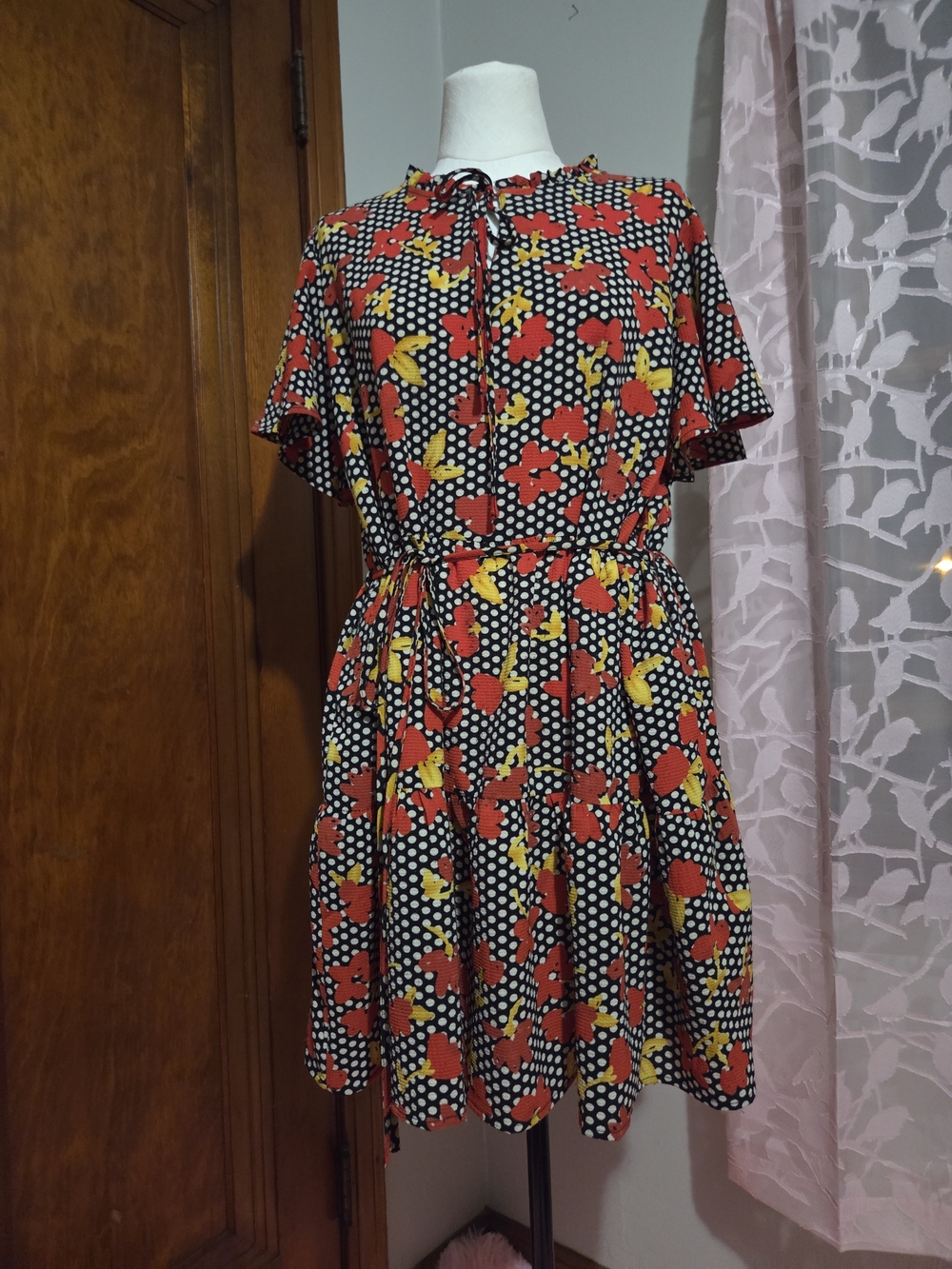 loralette Black Polka Dotq Dress with Red & Yellow Floral Print